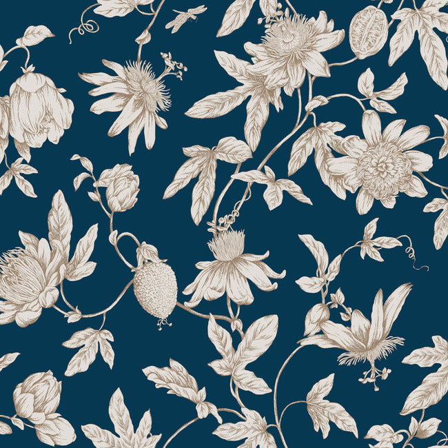York RT7856 Navy Passion Flower Toile Wallpaper