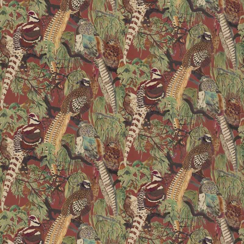 Mulberry Fabric FD269.V54 Game Birds Linen Red/Plum