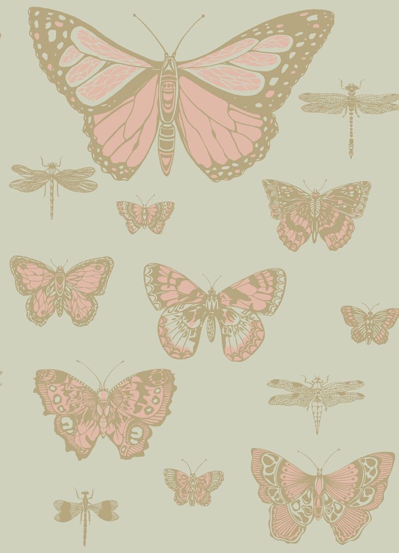 Cole & Son Wallpaper 103/15063.CS Butterflies & Dragonflies Pink On Oliv