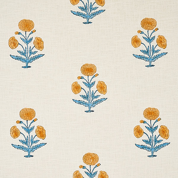 Schumacher Fabric 179841 Poppy Hand Block Print Mustard & Sky