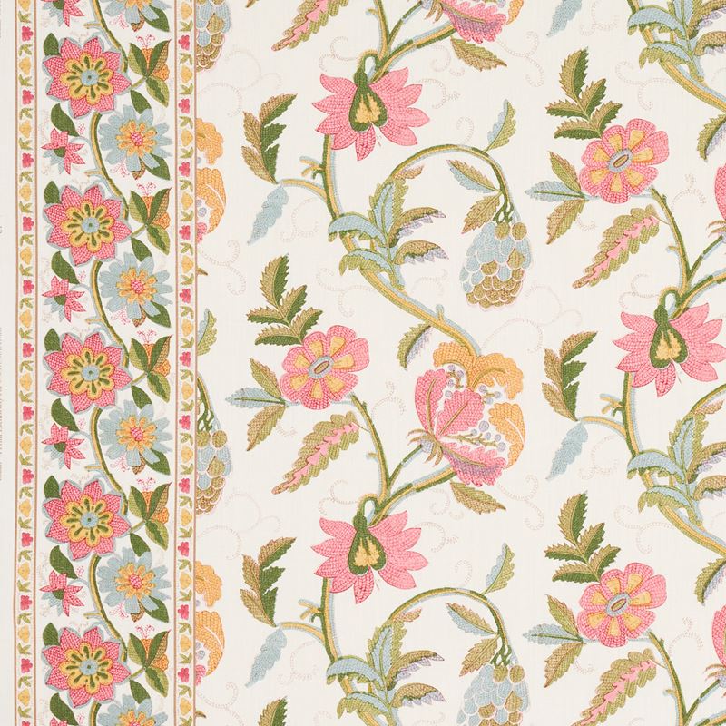 Schumacher Fabric 180111 Indali Bordered Linen Pink and Leaf