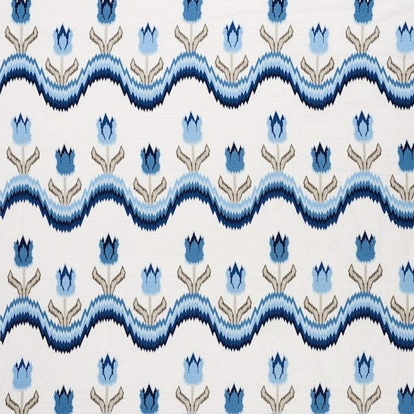 Schumacher Fabric 70272 Tulip Flamestitch Embroidery Blue