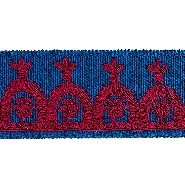 Schumacher Fabric Trim 74156 Noelia Embroidered Tape Red On Blue