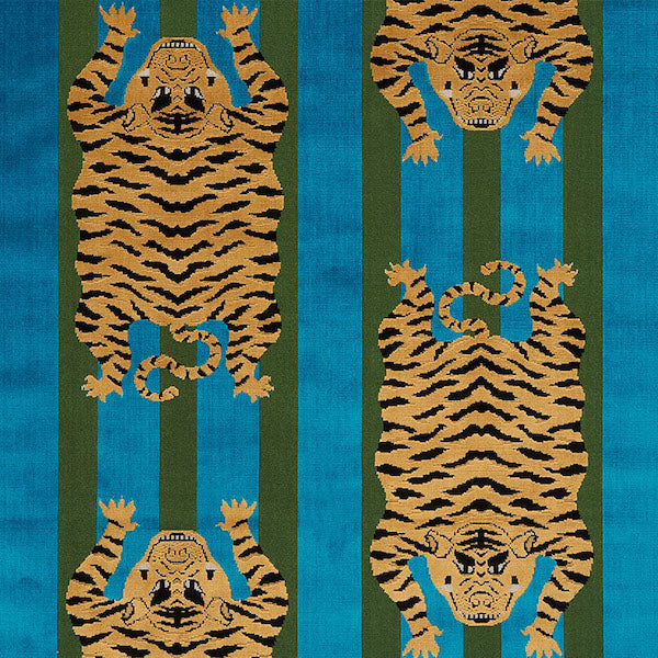 Schumacher Fabric 77230 Jokhang Tiger Velvet Peacock & Olive