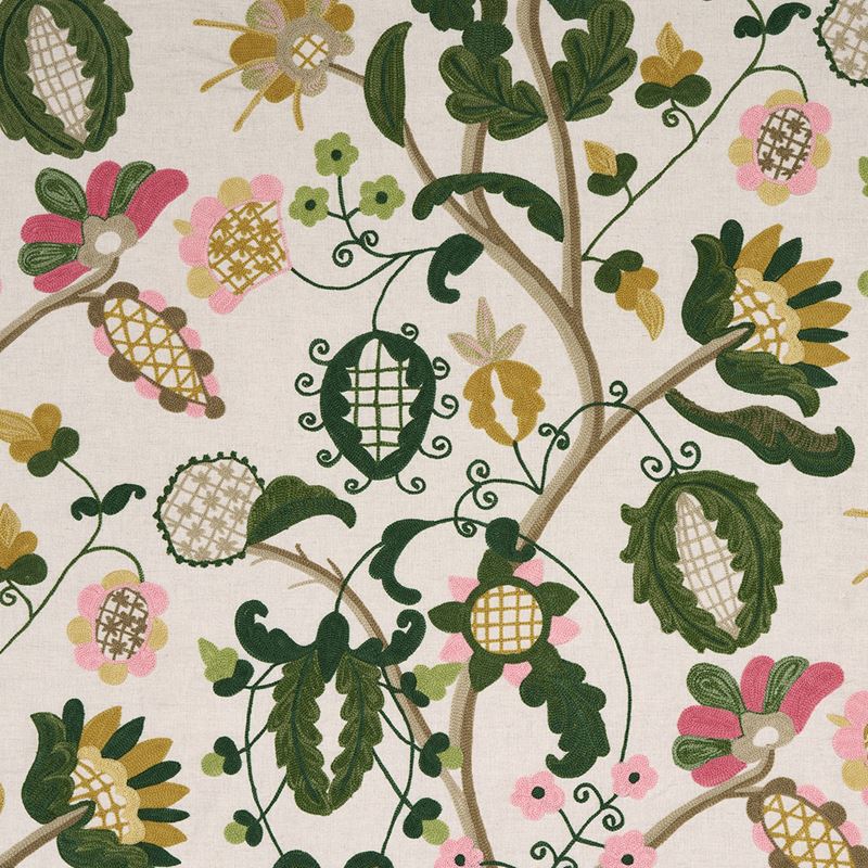 Schumacher Fabric 81511 Mandevilla Embroidery Pink & Green