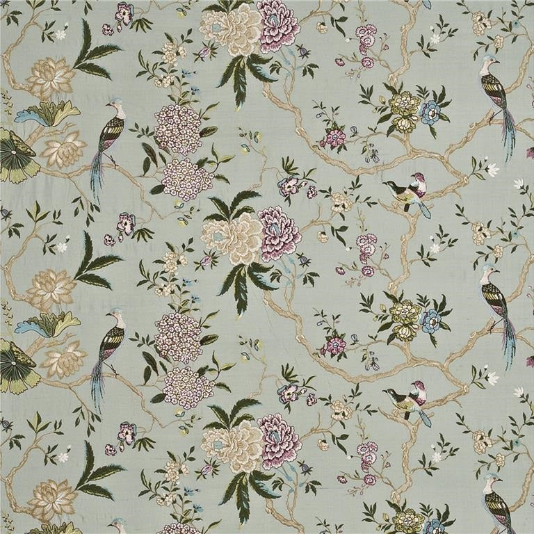 G P & J Baker Fabric BF10418.2 Oriental Bird Embroidery Silk Aqua/Multi