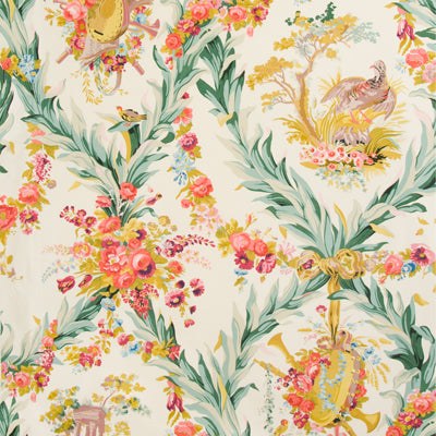 Brunschwig & Fils Fabric BR-70348.0 Fontainebleau Glazed Chintz Red Green and Gold On Cream