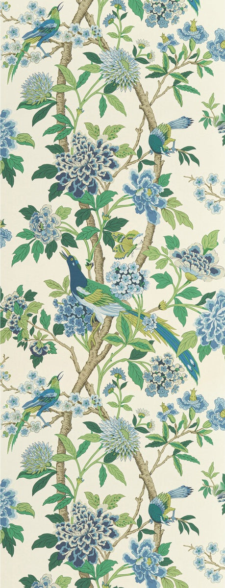 G P & J Baker Wallpaper BW45091.1 Hydrangea Bird Emerald/Blue