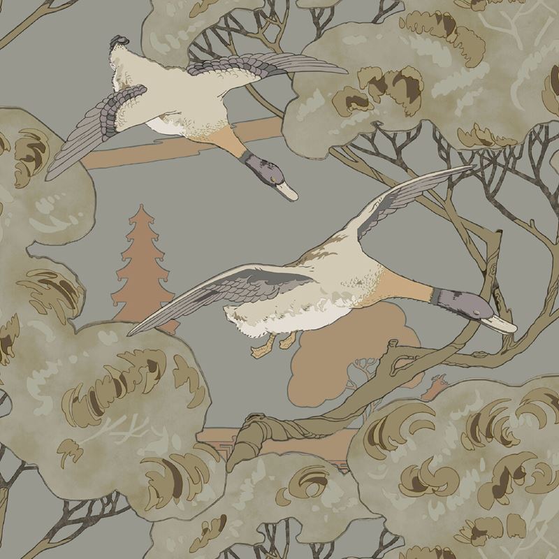 Mulberry Wallpaper FG102.A116 Grand Flying Ducks Grey/Blue